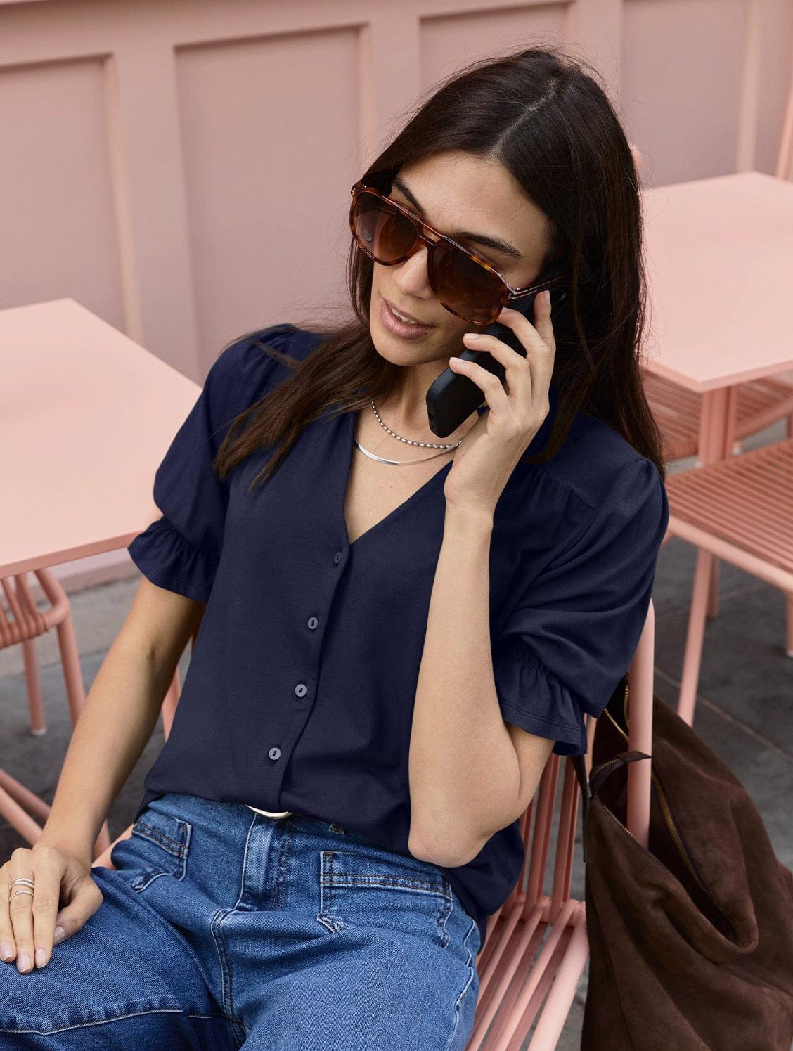 Noa LENZING™ ECOVERO™ Short Sleeve Blouse | Classic Navy