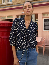 Immaculate Vegan - Baukjen Amalie LENZING™ ECOVERO™ Printed Tie Neck Blouse | Navy Mini Polka