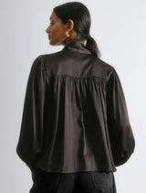 Immaculate Vegan - Albaray Chocolate Satin Tie Neck Blouse