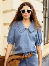 Immaculate Vegan - Baukjen Dani Organic Cotton Denim Collar Blouse | Light Washed Indigo