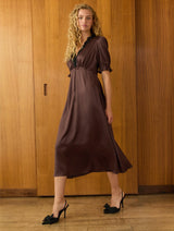 Immaculate Vegan - Baukjen Valleta Vegan Satin Lace Trim Midi Dress | Brown