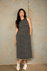 Immaculate Vegan - The Bshirt Bshirt Women's Racer Back Gathered Dress in Black and White Stripes
