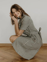 Immaculate Vegan - Laume Linen Melnrage Women's Linen Dress | Multiple Colours Green Checks / XS