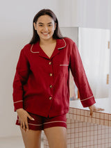 Immaculate Vegan - Laume Linen Pilnatis Women's Linen Pyjama Set With Shorts | Multiple Colours Berry Red / XS