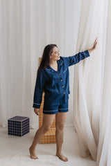 Immaculate Vegan - Laume Linen Pilnatis Women's Linen Pyjama Set With Shorts | Multiple Colours Deep Blue / XS