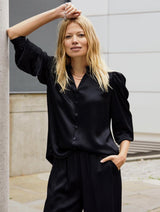 Immaculate Vegan - Baukjen Evelyn Satin Frill Neck Blouse | Caviar Black