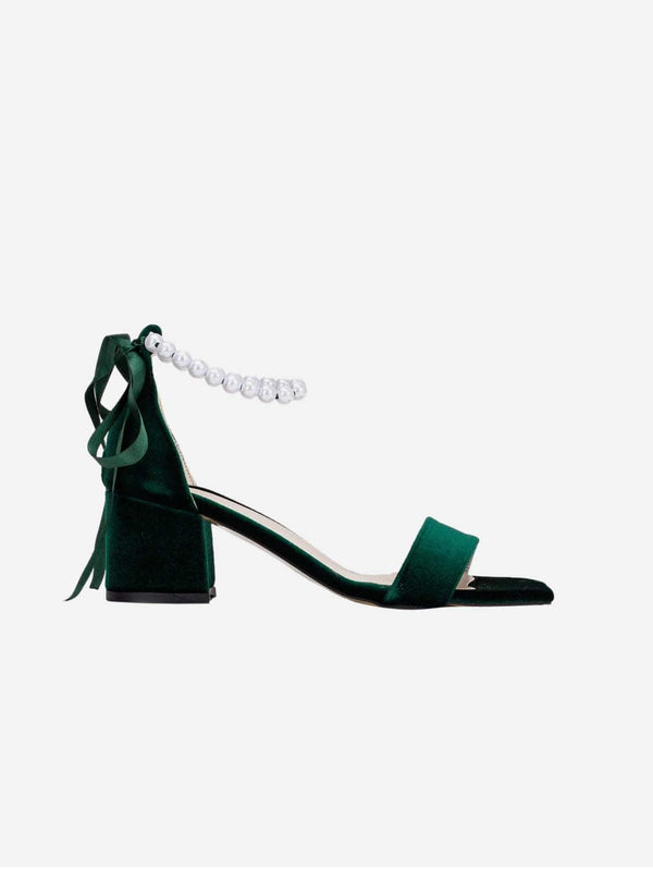 Forever and Always Shoes Lucille Vegan Velvet Pearl Heeled Sandals | Green 5.5 US | 3 UK | 22CM | 36 EU / Emerald Green