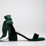 Immaculate Vegan - Forever and Always Shoes Hera Vegan Velvet Ribbon Heeled Sandals | Emerald Green 5.5 US | 3 UK | 22CM | 36 EU / Ribbon Ankle Strap / Emerald Green