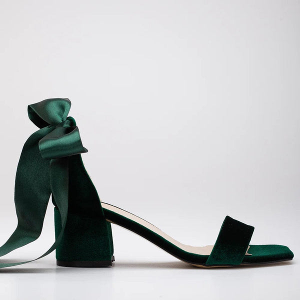 Forever and Always Shoes Hera Vegan Velvet Ribbon Heeled Sandals | Emerald Green 5.5 US | 3 UK | 22CM | 36 EU / Ribbon Ankle Strap / Emerald Green