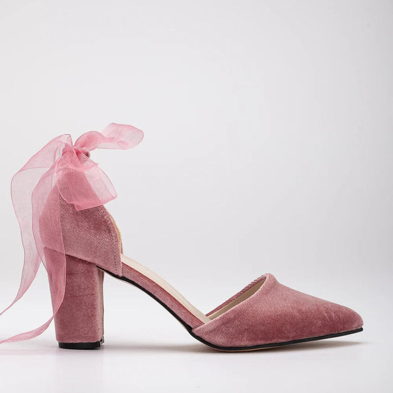 Forever and Always Shoes Gisele Vegan Velvet Ribbon Heels | Rose 5.5 US | 3 UK | 22CM | 36 EU / Ribbon Ankle Straps / Royal Rose