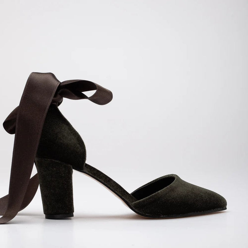 Forever and Always Shoes Gisele Vegan Velvet Ribbon Heels | Olive Green 5.5 US | 3 UK | 22CM | 36 EU / Satin Ribbon Strap / Olive Green