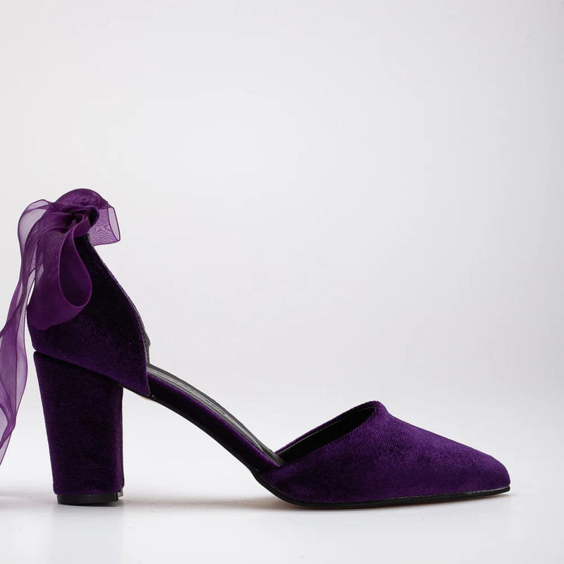 Forever and Always Shoes Gisele Vegan Velvet Ribbon Heels | Purple 6.5 US | 4 UK | 23CM | 37 EU / Sheer Ribbon Strap / Purple