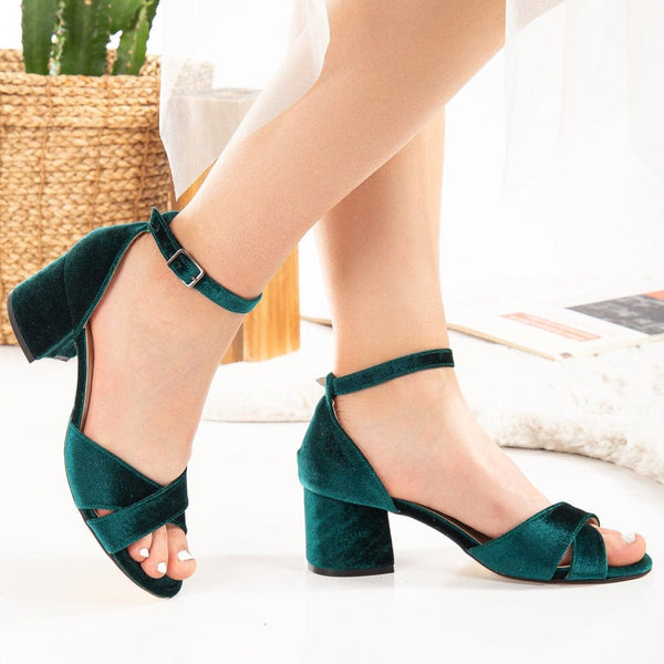 Forever and Always Shoes Aurora - Green Velvet Low Heel Sandals