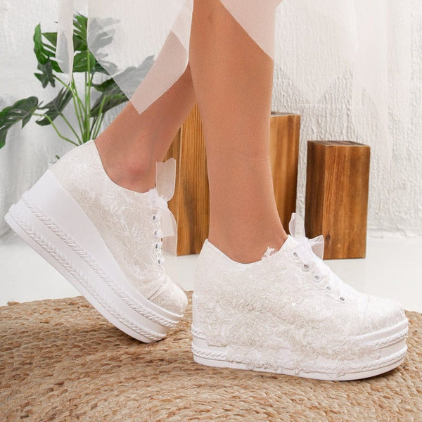 Forever and Always Shoes Claudine - Ivory Lace High Heel Wedding Sneakers