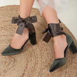 Immaculate Vegan - Forever and Always Shoes Gisele - Olive Green Velvet Heels with Ribbon