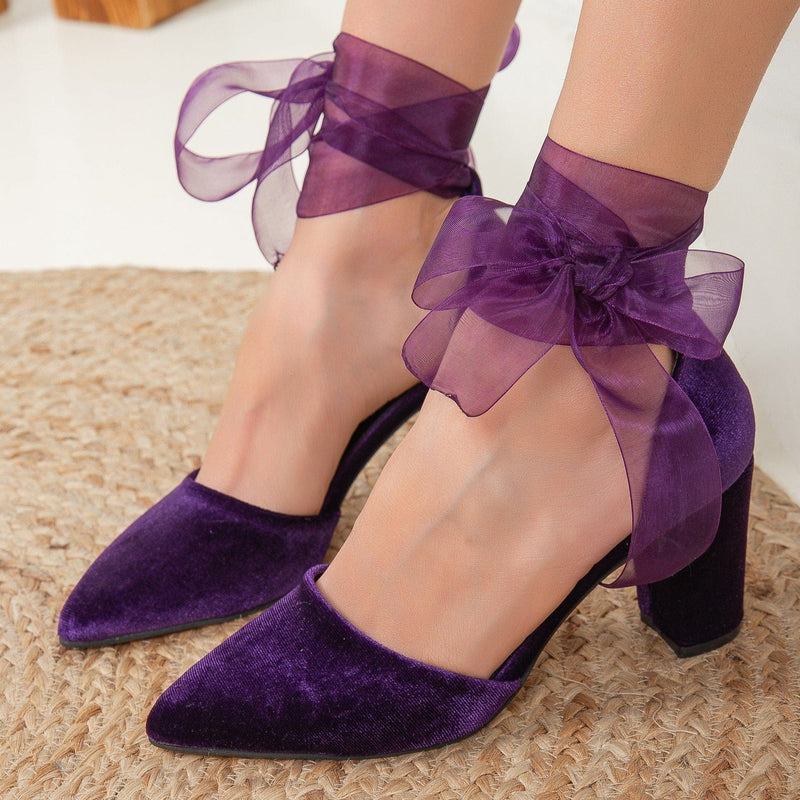 Forever and Always Shoes Gisele - Purple Velvet Shoes with Ribbon