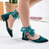 Immaculate Vegan - Forever and Always Shoes Madeline - Emerald Green Velvet Flats with Ribbon