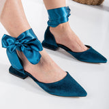 Immaculate Vegan - Forever and Always Shoes Madeline - Teal Blue Velvet Flats with Ribbon