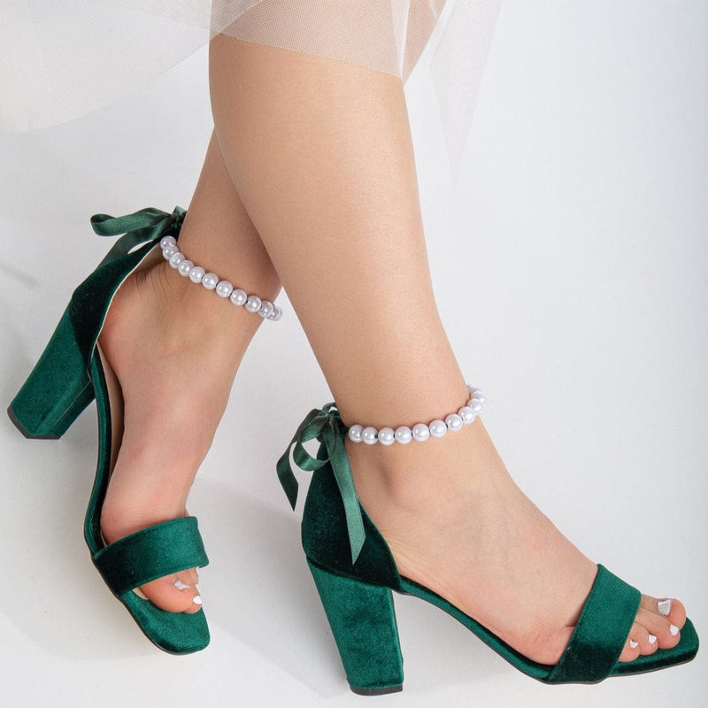 Forever and Always Shoes Sophia - Green Velvet Pearl Wedding Sandals