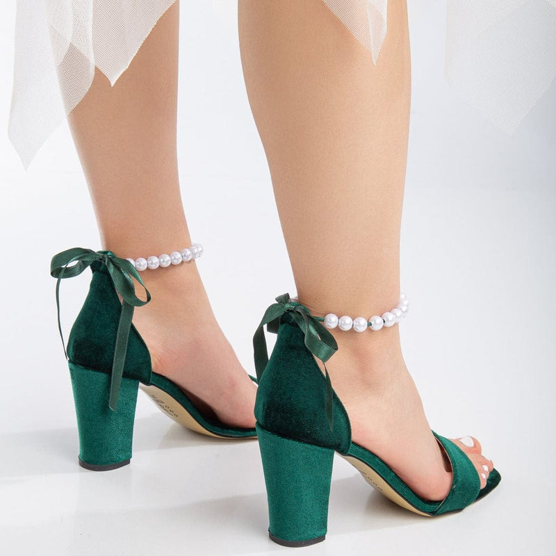 Forever and Always Shoes Sophia - Green Velvet Pearl Wedding Sandals