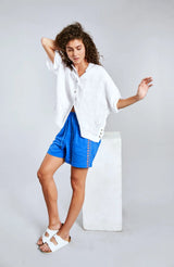 Immaculate Vegan - KOMODO LEAH Sapphire Blue Bali Fans Embroidery Shorts Organic Cotton Voile