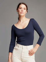 Immaculate Vegan - Lavender Hill Clothing 3/4 Sleeve Boat Neck Cotton Modal Blend T-Shirt Navy / UK 8