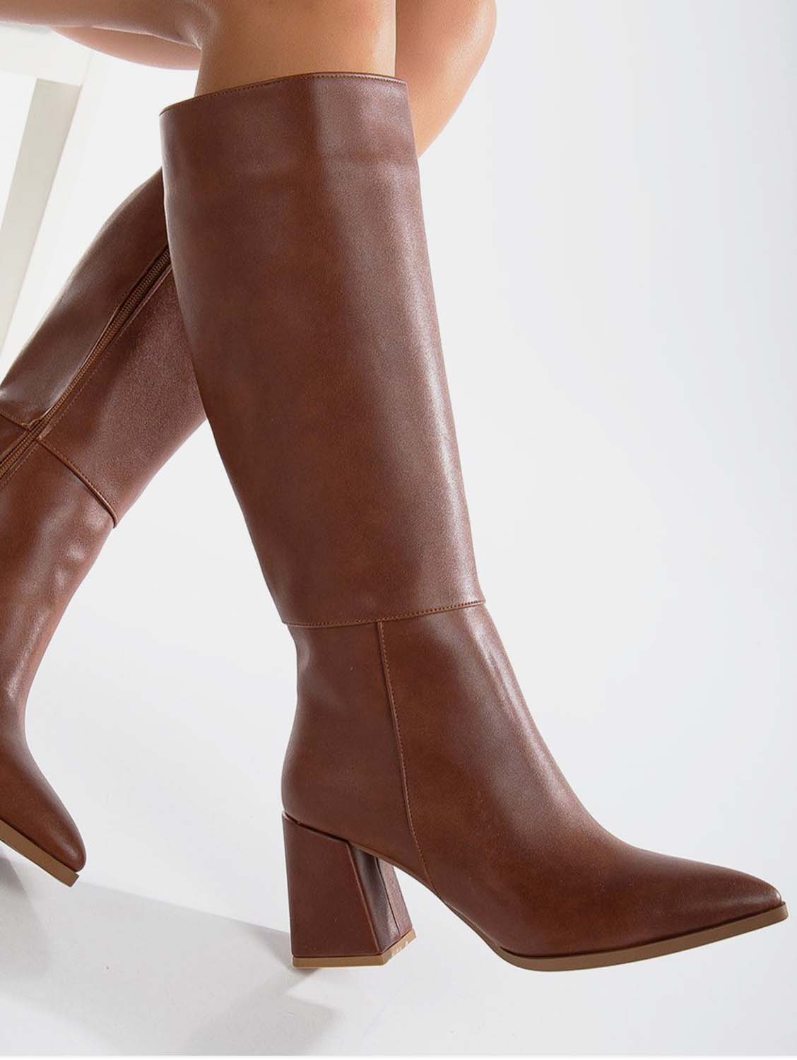 Long brown knee high boots hotsell