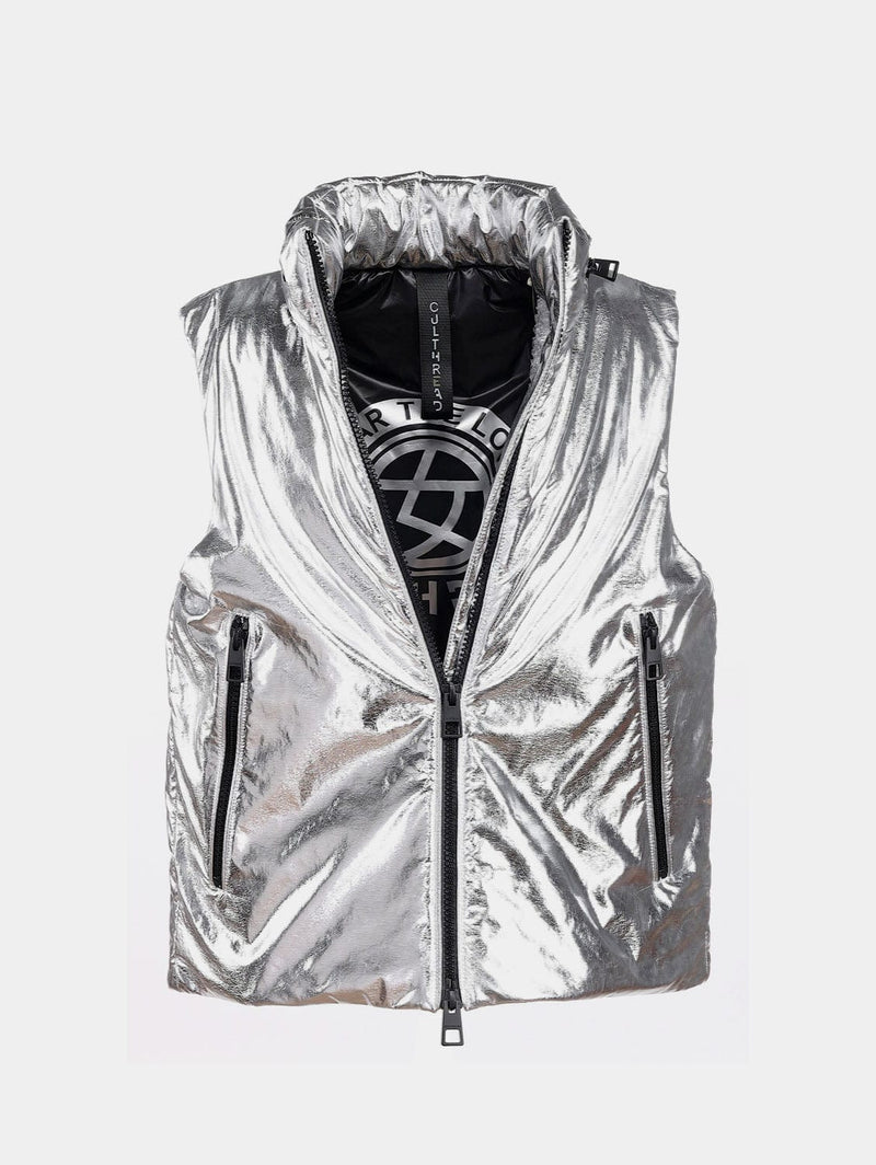 CULTHREAD VEGAN LEATHER silver sleeveless puffer jacket L