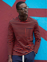 Immaculate Vegan - Cut & Pin Cotton Long Sleeve T-shirt | Navy & Red Stripe