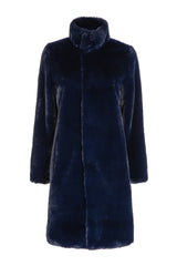 Immaculate Vegan - Issy London SIGNATURE Jackie Stand Collar Recycled Faux Shearling Coat Ink Blue