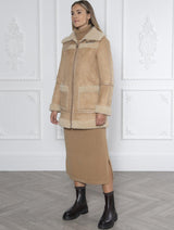 Immaculate Vegan - Issy London Weekend Vivien Panelled Recycled Faux Shearling Coat | Tan