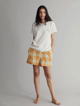 Immaculate Vegan - KOMODO JIM JAM Pyjama Shorts Set Womens -GOTS Organic Cotton Off White / Orange Check SIZE 1 / UK 8 / EUR 36