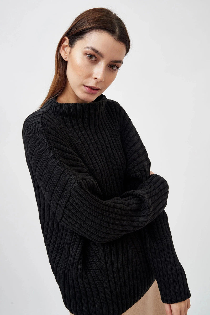 Mila.Vert Knitted Organic Cotton High Boat Neck Jumper | Multiple Colours Black / One Size