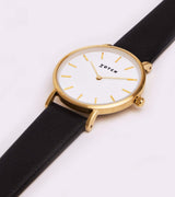 Immaculate Vegan - Petite Watch with Gold & White Dial | Black Vegan Leather Strap