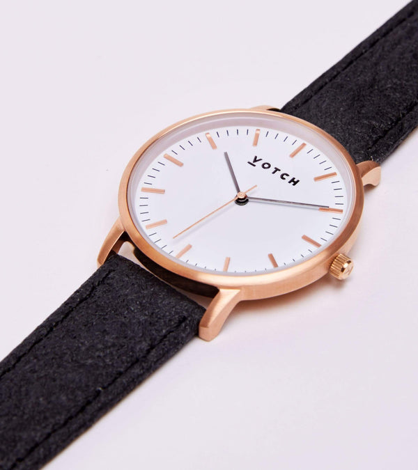 Moment Watch with Rose Gold & White Dial | Black Piñatex Vegan Leather Strap