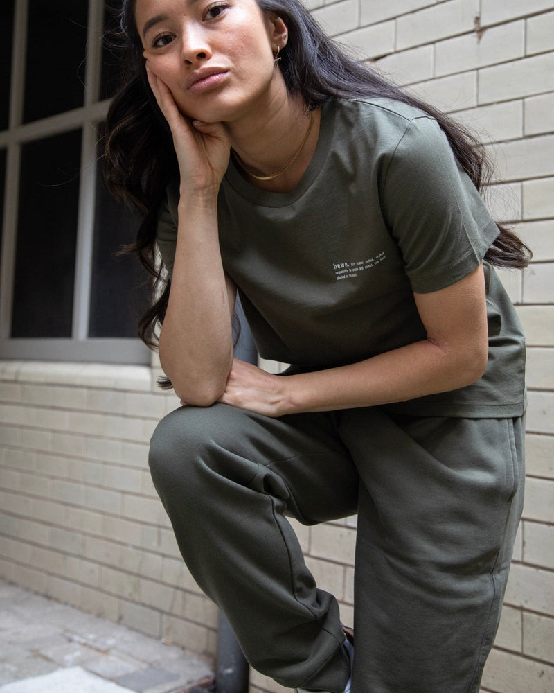 hewn. Womens Organic Cotton Relaxed-fit Joggers in Pine Green Khaki