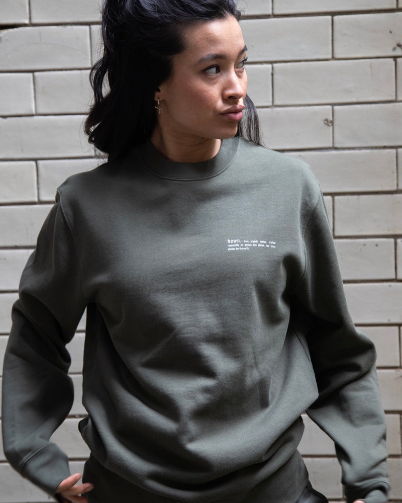 hewn. Womens Organic Cotton Relaxed-fit Sweatshirt in Pine Green Khaki