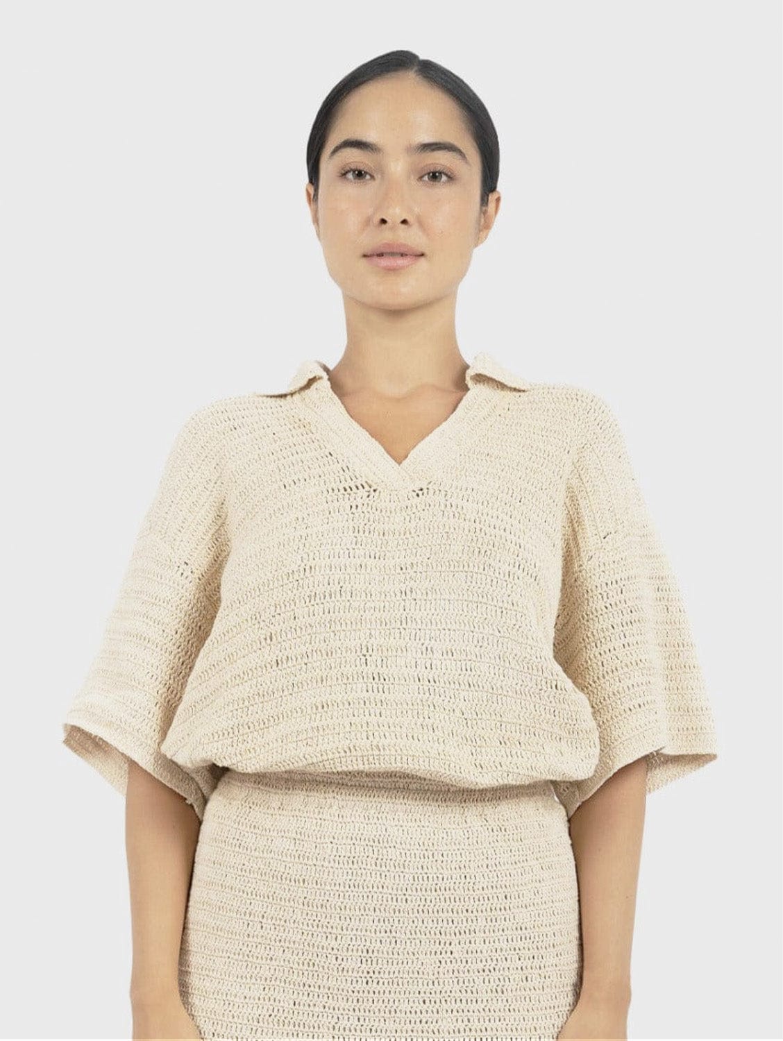 1 People Sedona Crochet Polo Top-Natural XS