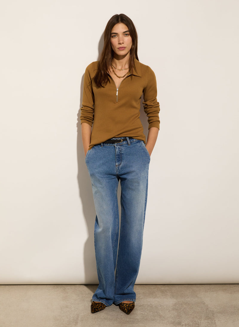 Organic Cotton Zip Collar Top | Camel