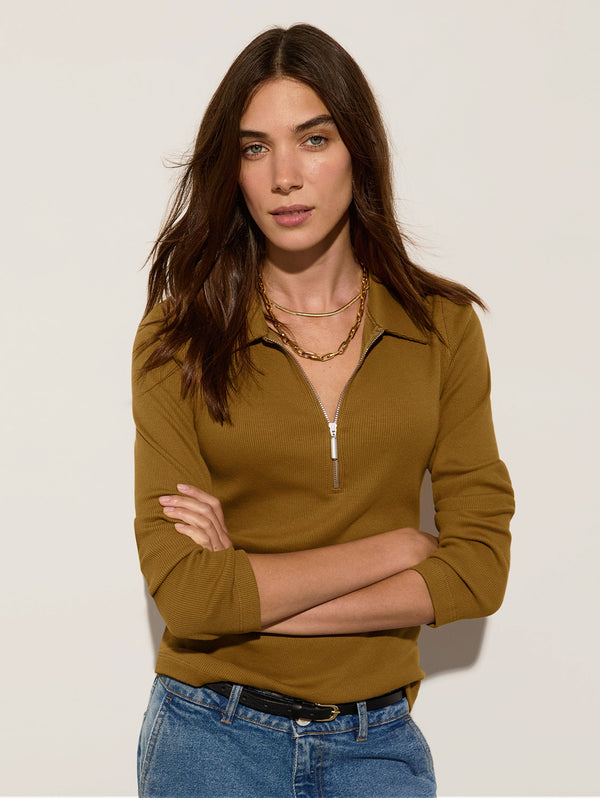 Organic Cotton Zip Collar Top | Camel