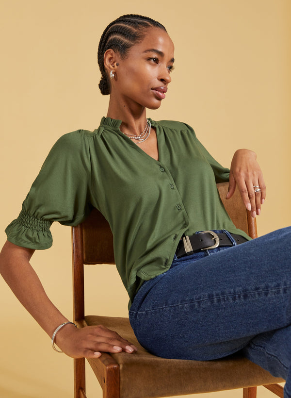 Noa LENZING™ ECOVERO™ Short Sleeve Blouse | Light Khaki