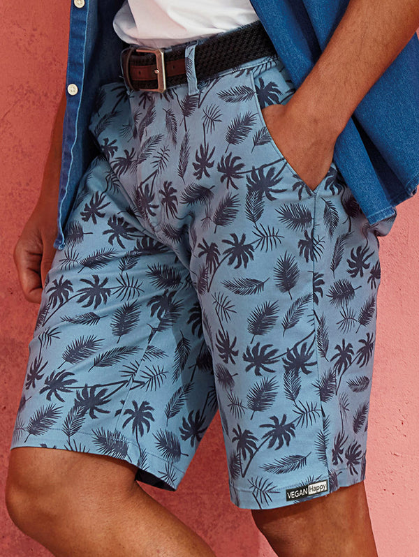 VEGAN Happy Vegan Men's Cotton Palm Print Shorts | Blue