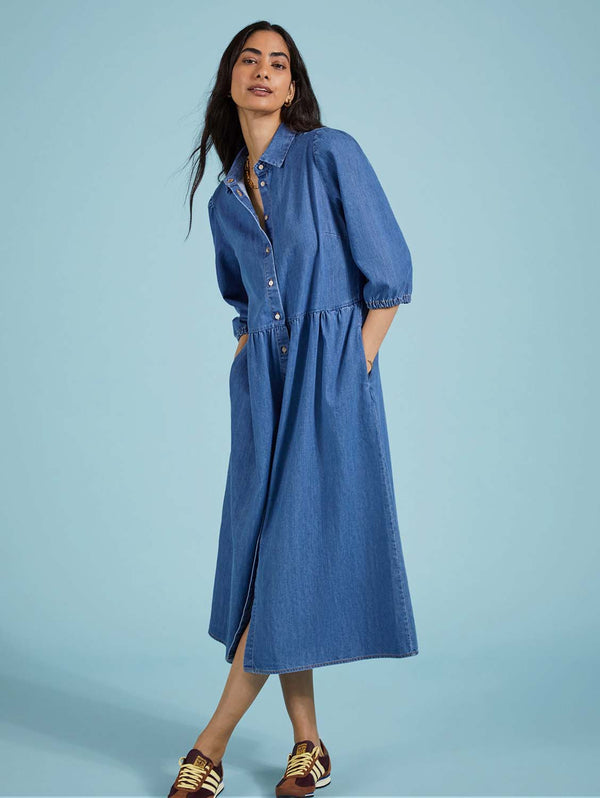 Barbara Organic Cotton Denim Midi Dress | Washed Indigo