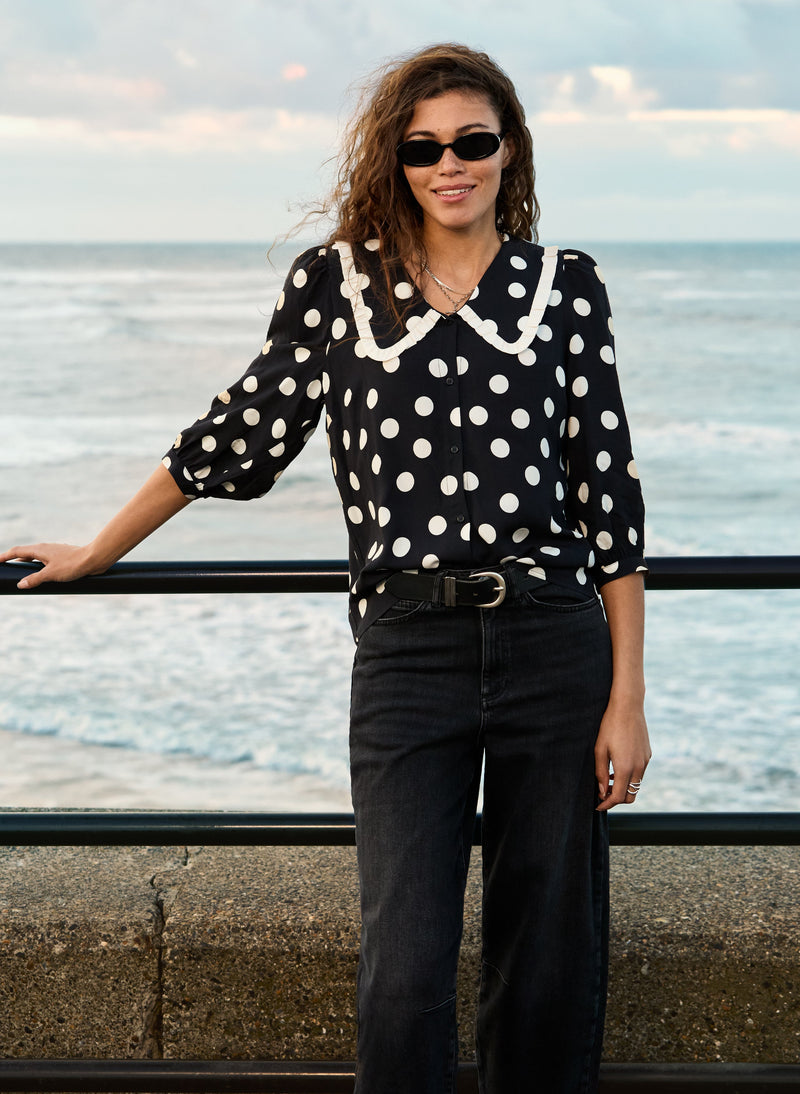 Sosha LENZING™ ECOVERO™ Printed Collar Detail Blouse | Black Polka Dot