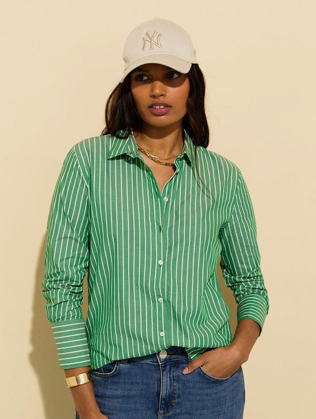 Rishma Organic Cotton Stripe Shirt | Green & White Stripe Immaculate Vegan Rishma Organic Cotton Stripe Shirt | Green & White Stripe Immaculate Vegan