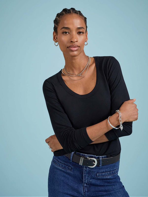 Fallon LENZING™ ECOVERO™ Long Sleeve Scoop Neck Top | Caviar Black