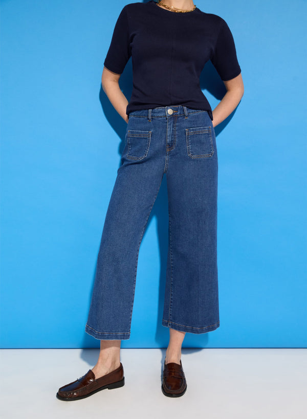 Jena Organic Cotton Stretch Wide Crop Jeans | Washed Indigo