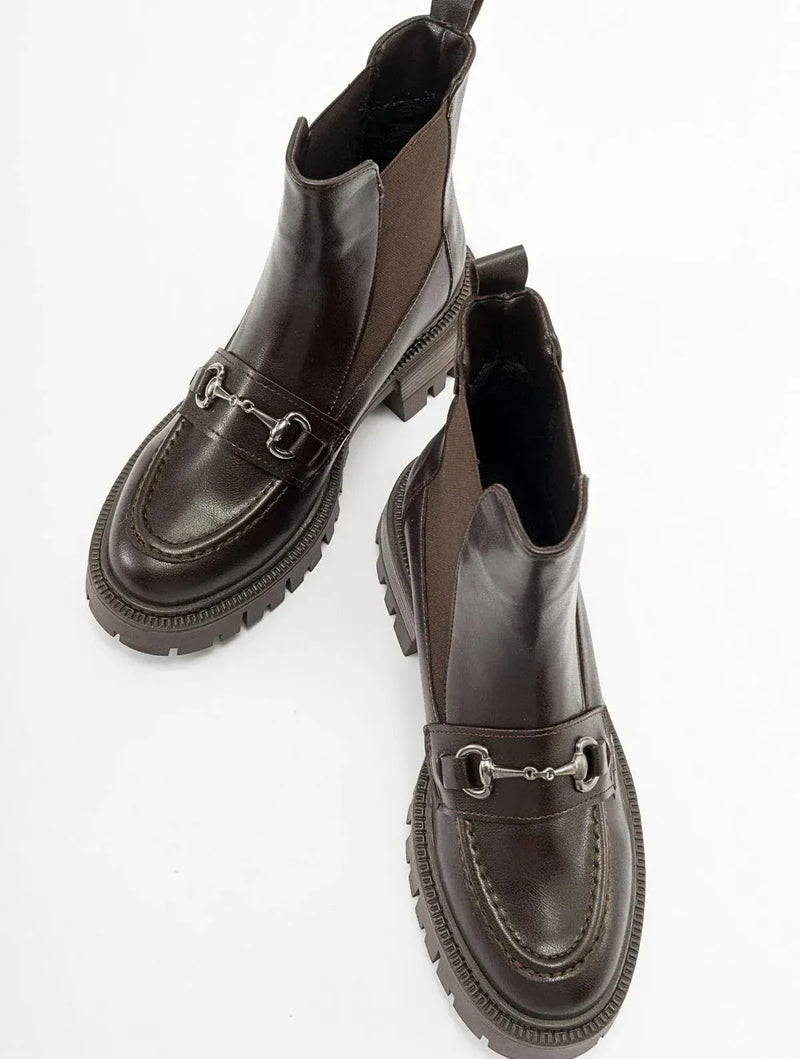 Prologue Shoes Vesper Brown Buckled Chelsea Boot (Women)