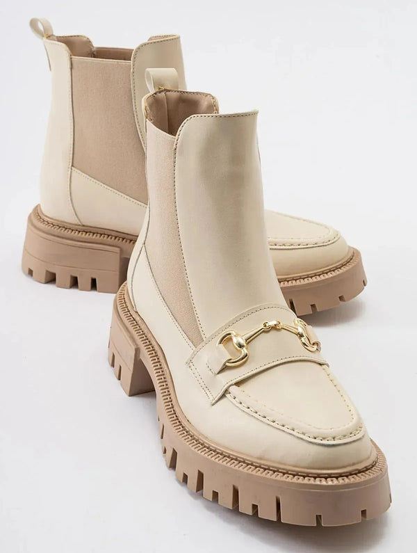Prologue Shoes Vesper Beige Buckled Chelsea Boot (Women)