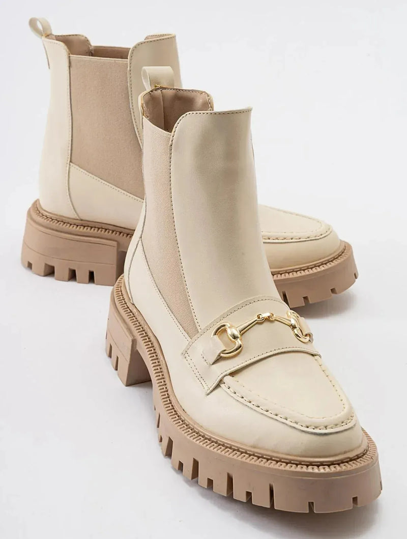 Prologue Shoes Vesper Beige Buckled Chelsea Boot (Women)